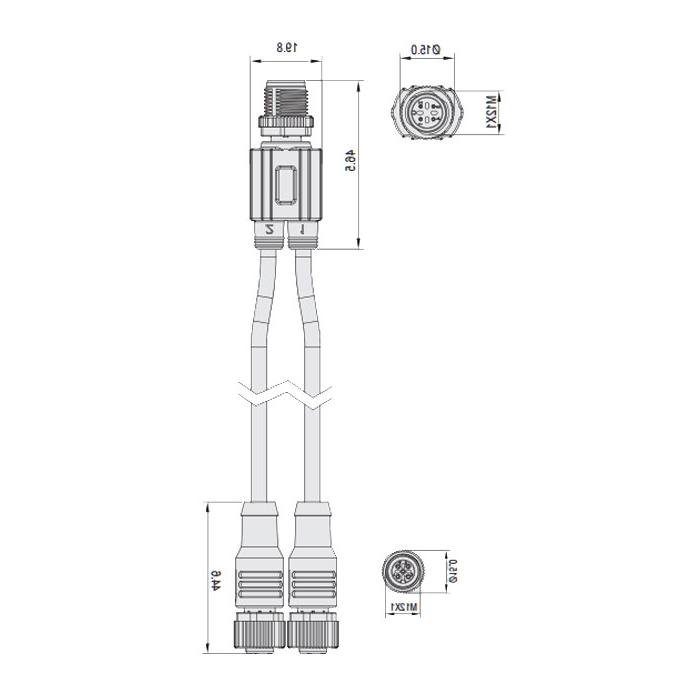 M12 4Pin公头/2M12 3Pin 母头直型、IP 69K-ECOLAB、食品级、Y型预铸PUR柔性电缆、黑色护套、64E401-XXX